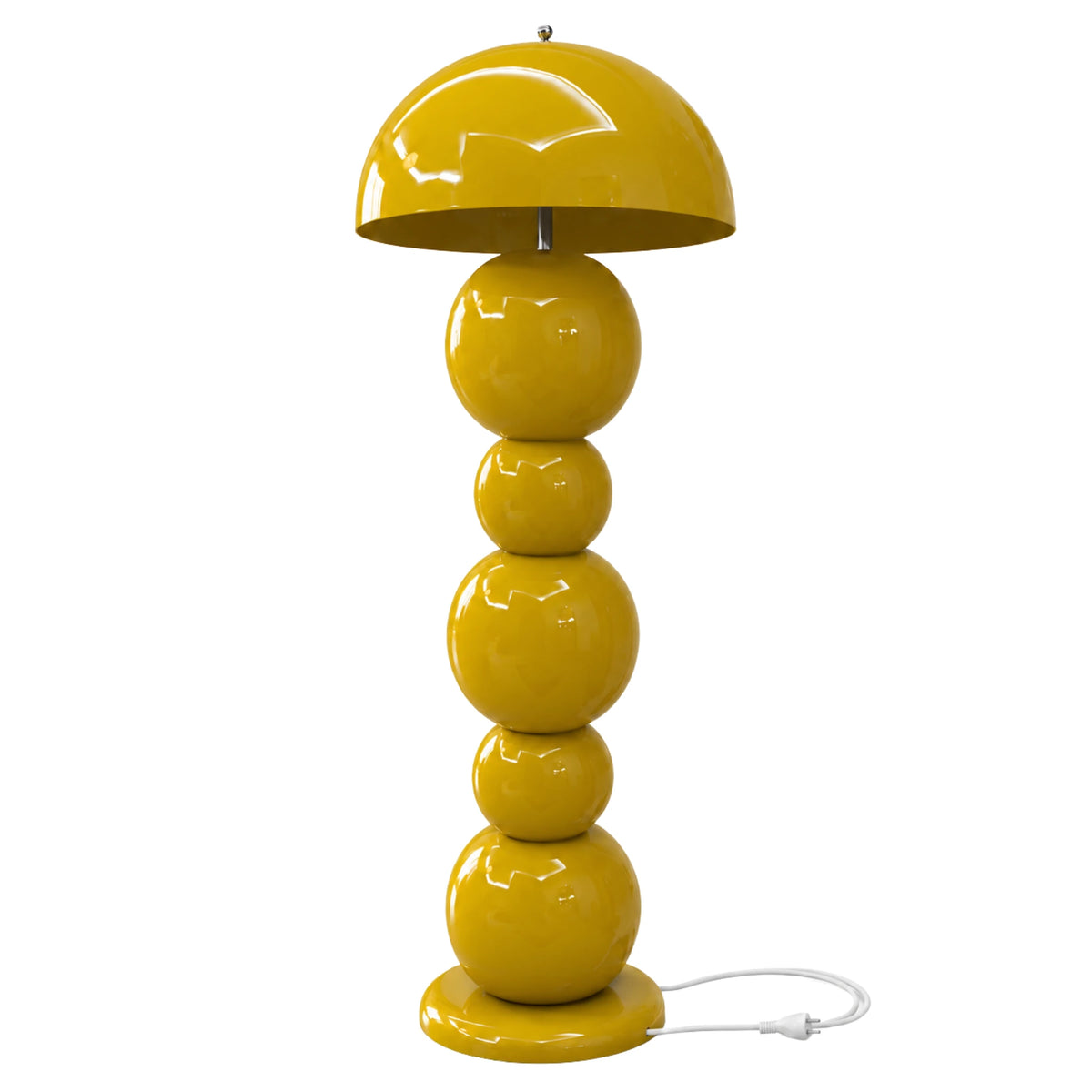 Lampadaire design jaune moutarde à boules empilées, pied en bois et abat-jour dôme en métal, fait en Tunisie, sur fond blanc