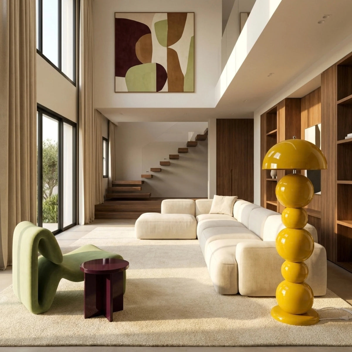 Lampadaire à boules jaune dans un salon double hauteur avec canapé modulable écru et escalier en bois