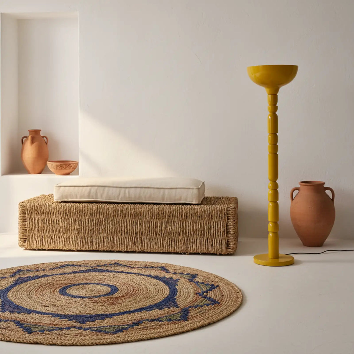 Lampadaire jaune avec banc en fibre tressée, jarres en terre cuite et tapis rond en jute