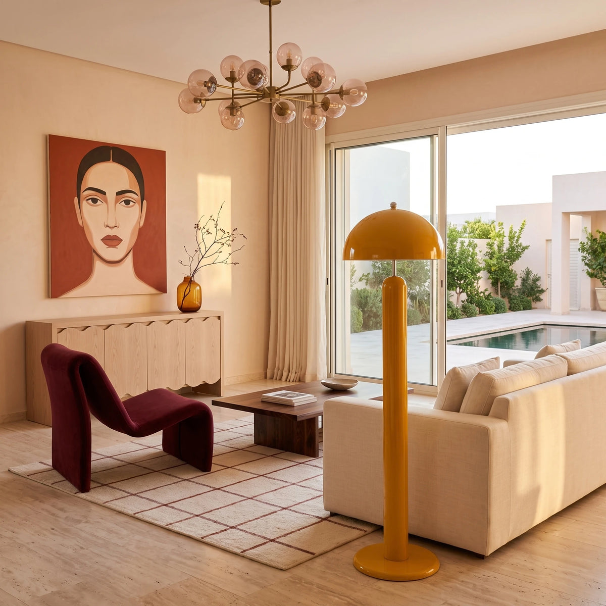 Lampadaire champignon jaune près d'un canapé crème et d'un fauteuil bordeaux, vue sur la piscine