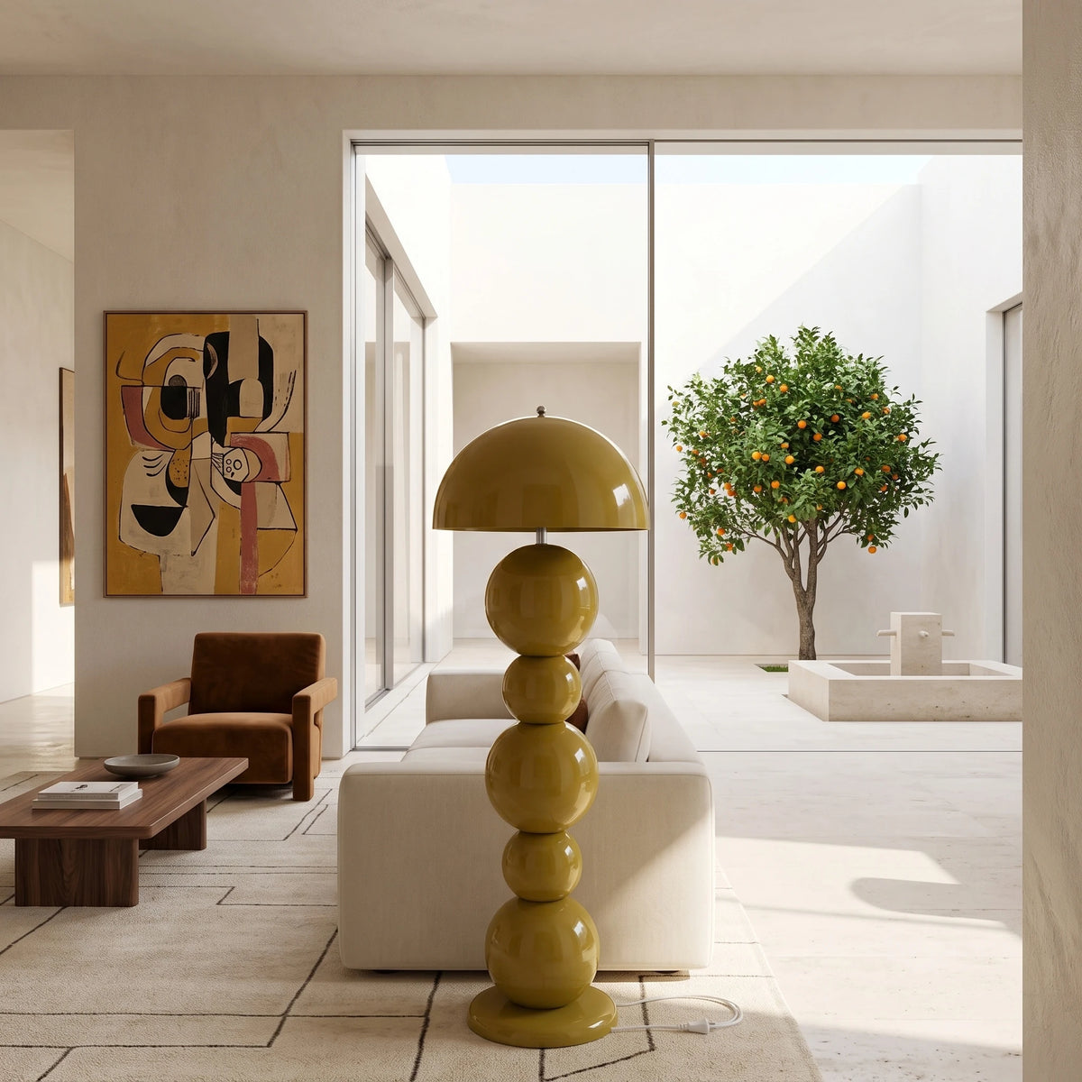 Lampadaire design vert olive dans un salon lumineux ouvert sur un patio avec oranger