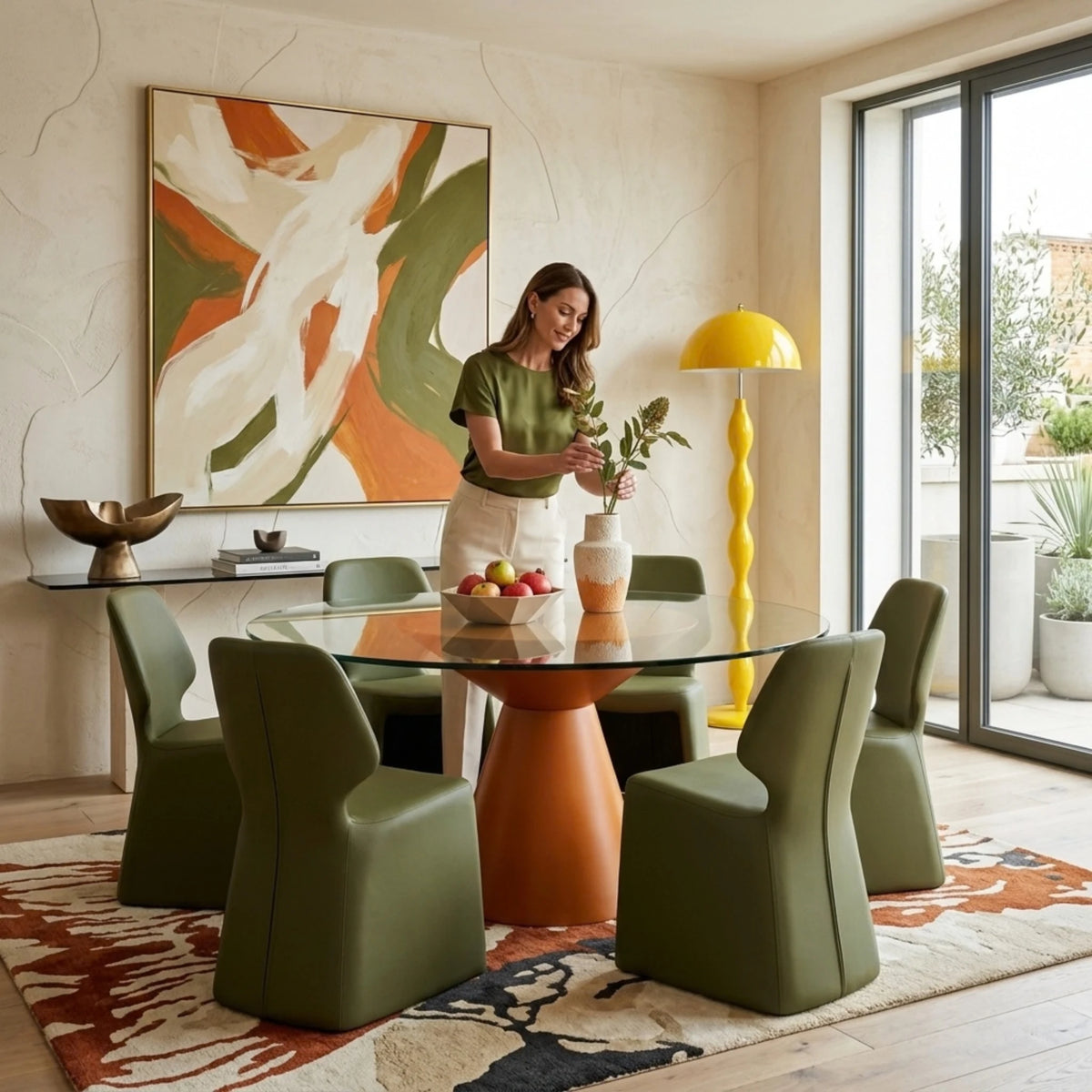 Lampadaire jaune près d’une table ronde en verre et de chaises vert olive, avec une femme composant un bouquet.
