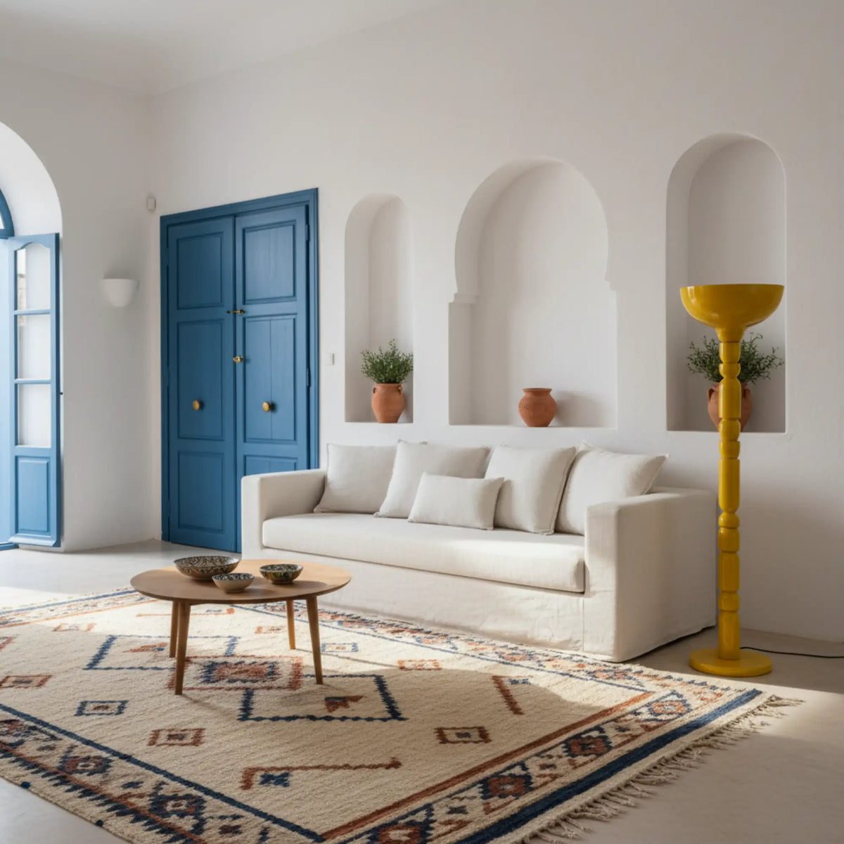Lampadaire jaune dans un salon méditerranéen blanc avec porte bleue et tapis berbère
