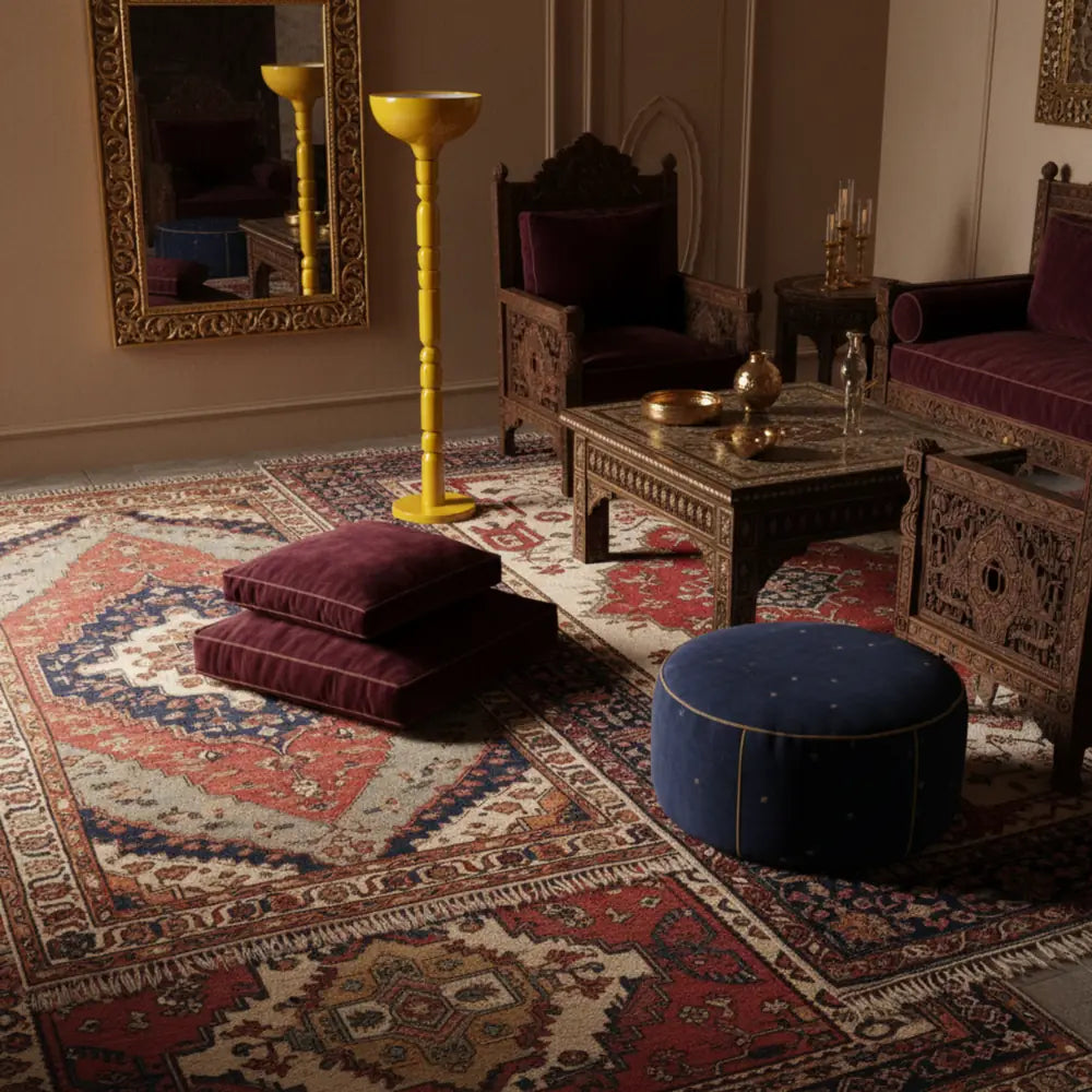 Lampadaire jaune dans un salon oriental avec tapis rouge, poufs et table basse en bois sculpté