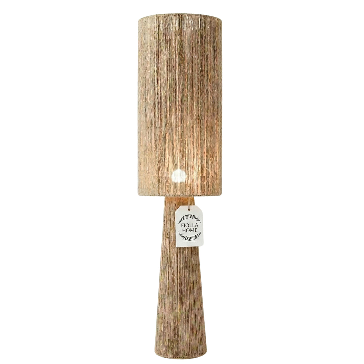 Lampadaire OASIS en jute naturel, silhouette totem avec abat-jour cylindrique, sur fond blanc