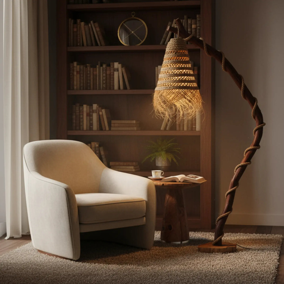 Lampadaire en bois flotté au-dessus d'un fauteuil crème, devant une bibliothèque en bois