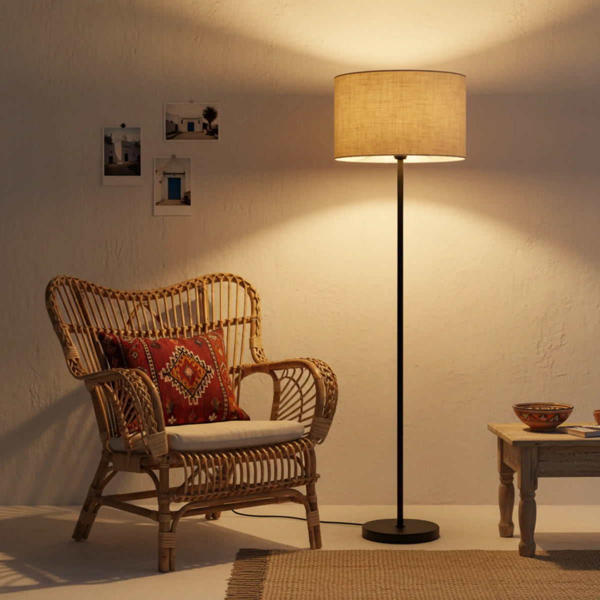 Lampadaire à abat-jour beige allumé près d'un fauteuil en rotin avec coussin rouge et d'une petite table en bois