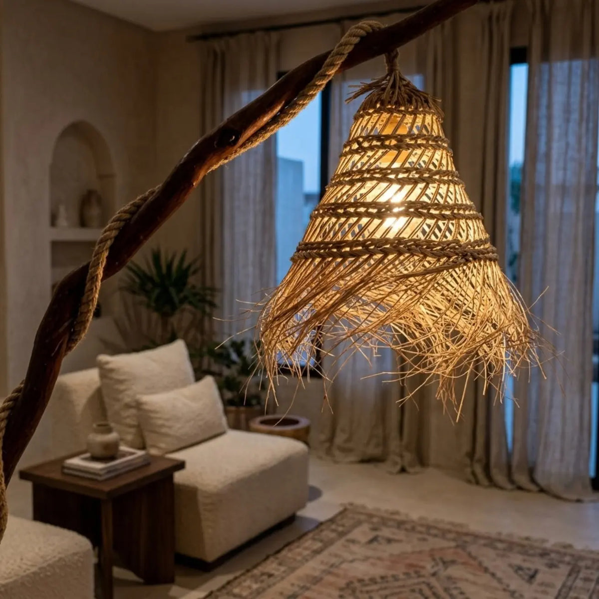 Abat-jour à franges en fibres naturelles allumé, diffusant une lumière chaude et tamisée dans un salon en soirée