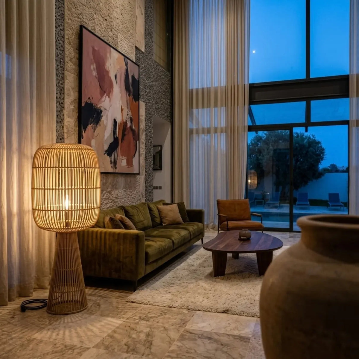 Lampadaire en rotin allumé diffusant une lumière chaude au crépuscule, à côté d'un canapé en velours vert et d'une baie vitrée