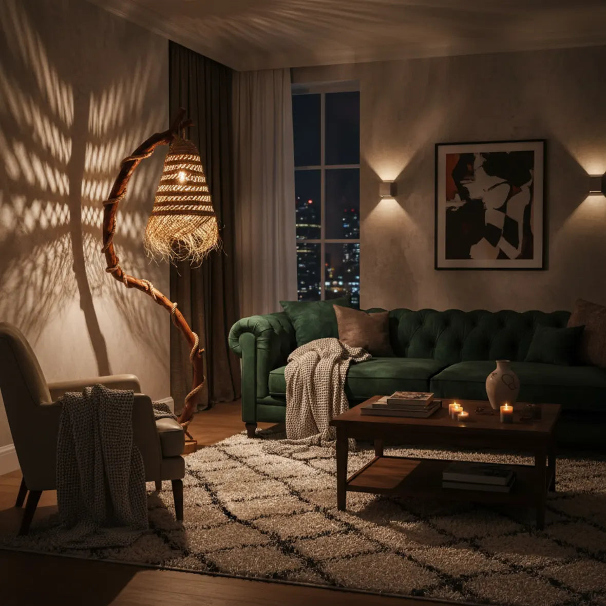 Lampadaire en bois flotté projetant des jeux d'ombres dans un salon avec canapé vert et tapis à motifs