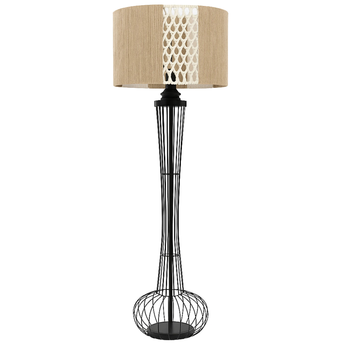 Lampadaire en jute et macramé, abat-jour cylindrique à bande centrale nouée et pied en métal filaire noir, fond blanc