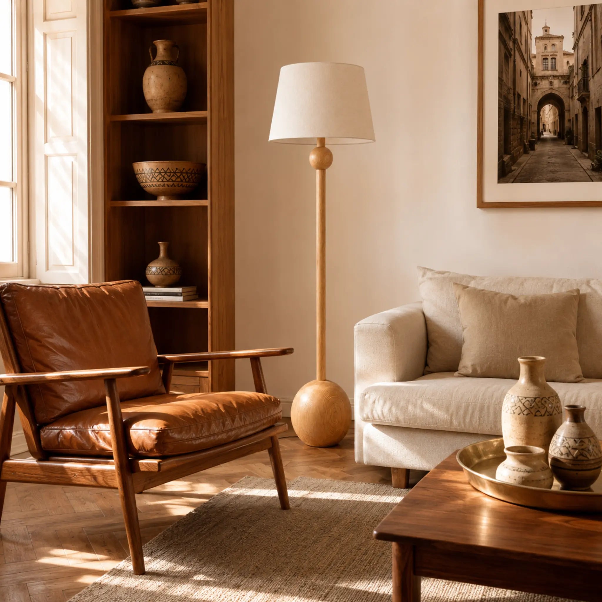Lampadaire moderne en bois à pied boule éclairant un salon chaleureux avec fauteuil en cuir, éclairage design Tunisie