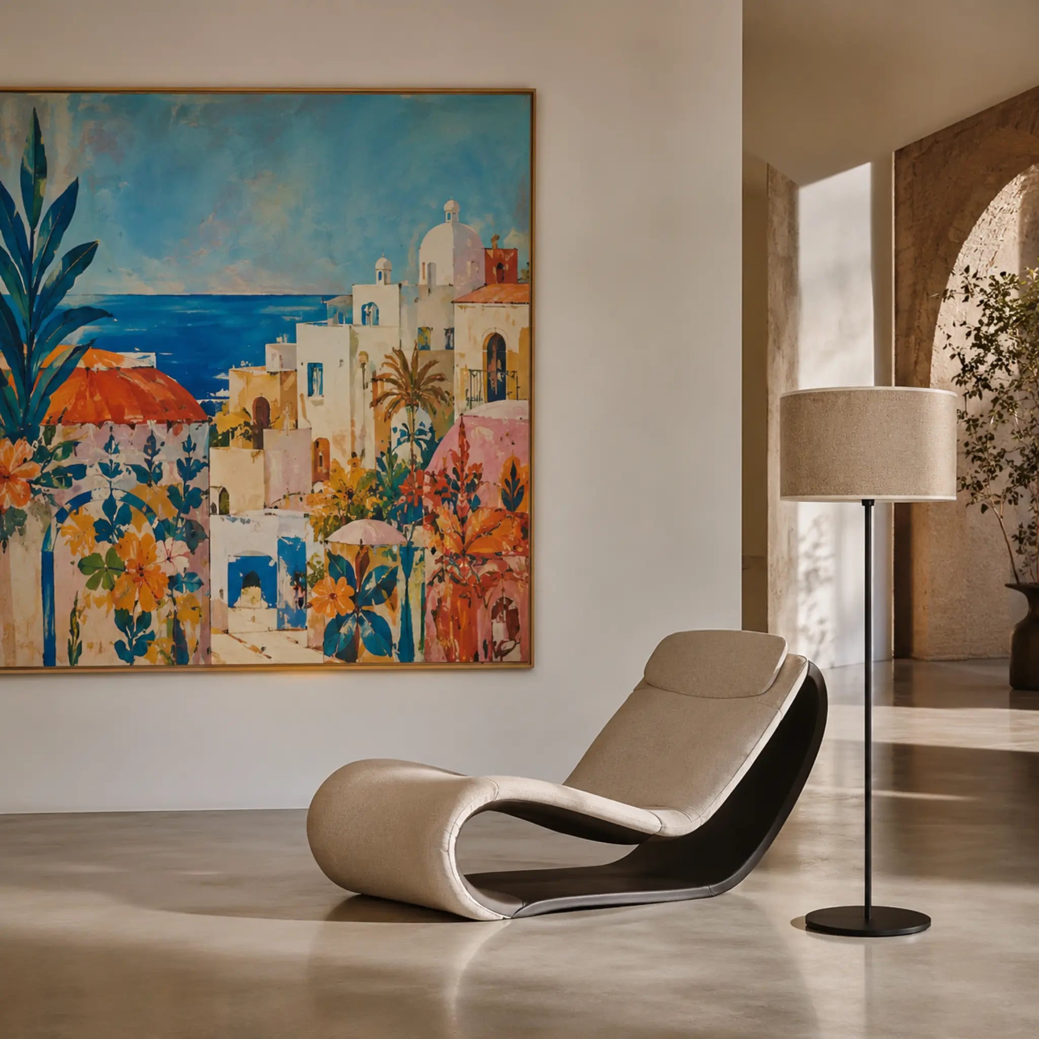 Lampadaire moderne en métal noir à côté d'une chaise longue design et tableau coloré, éclairage contemporain Tunisie