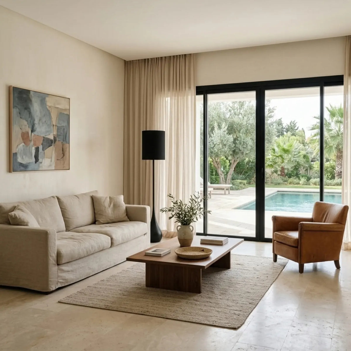 Lampadaire moderne noir dans un salon clair ouvert sur la piscine, près d'un canapé beige et d'un fauteuil cognac