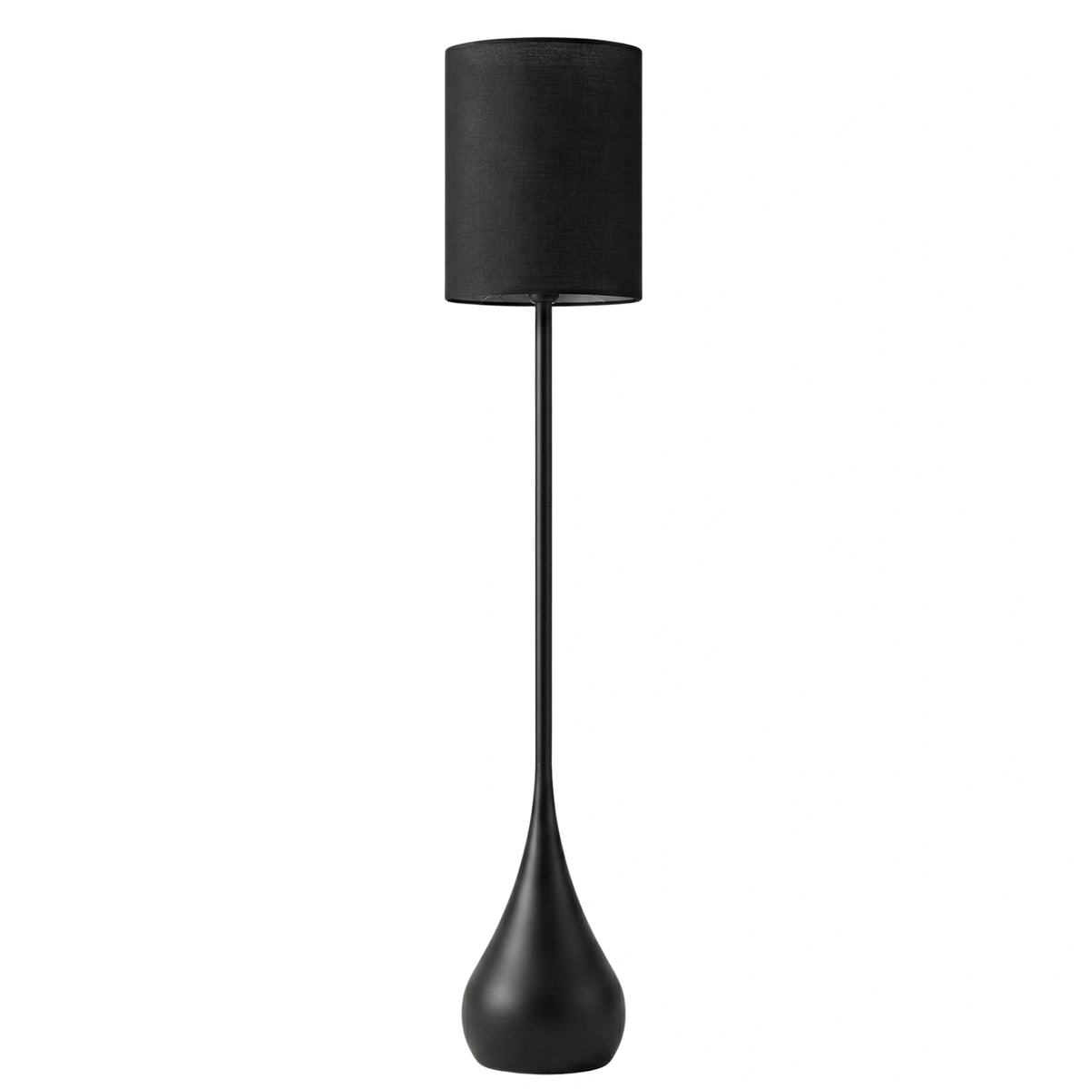 Lampadaire moderne noir Goutte au pied sculptural et abat-jour tambour en tissu noir, sur fond blanc
