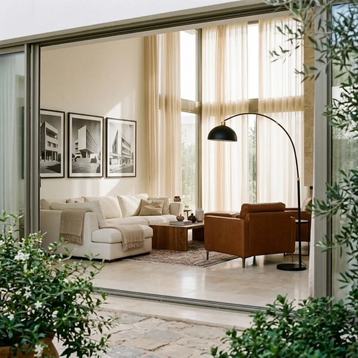 Lampadaire arc noir et doré au-dessus d'un fauteuil en cuir camel, vu depuis le patio à travers la baie vitrée