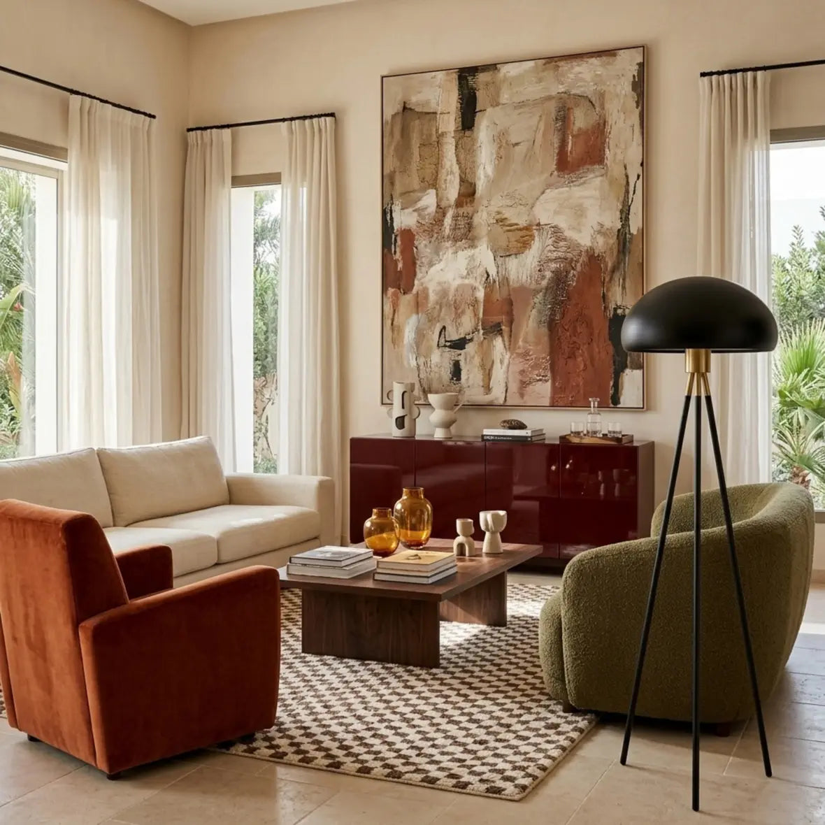 Lampadaire noir et doré entre un fauteuil rouille et un fauteuil vert olive, sur un tapis à damier avec tableau abstrait