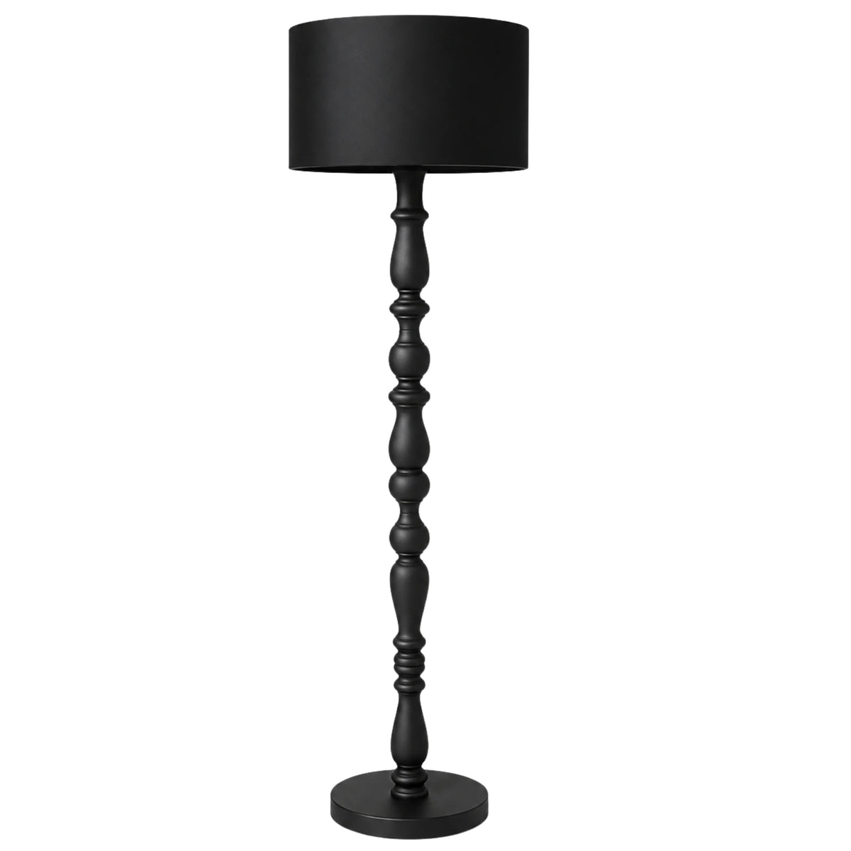 Lampadaire noir à pied en bois tourné style balustre et abat-jour cylindrique noir, sur fond blanc