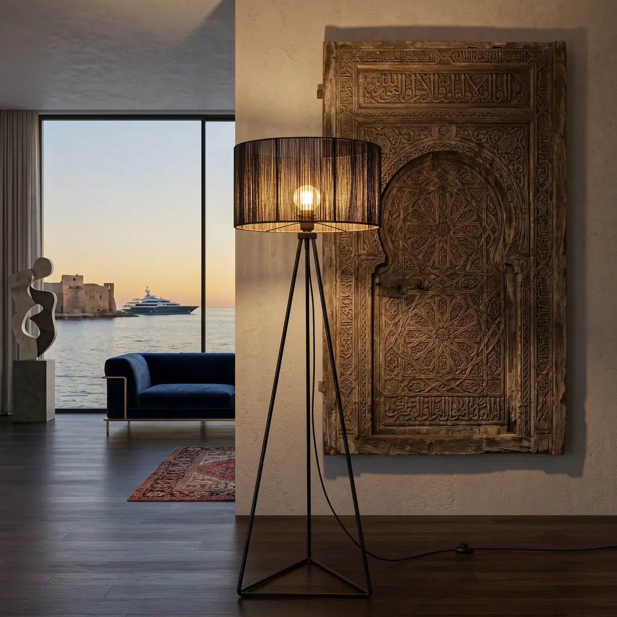 Lampadaire trépied noir allumé devant une ancienne porte en bois sculptée, vue mer au fond