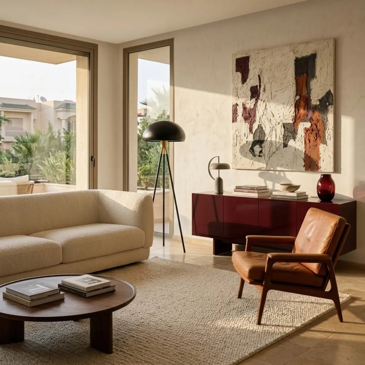 Lampadaire noir et doré près d'une fenêtre, avec fauteuil en cuir cognac, buffet bordeaux et table basse ronde