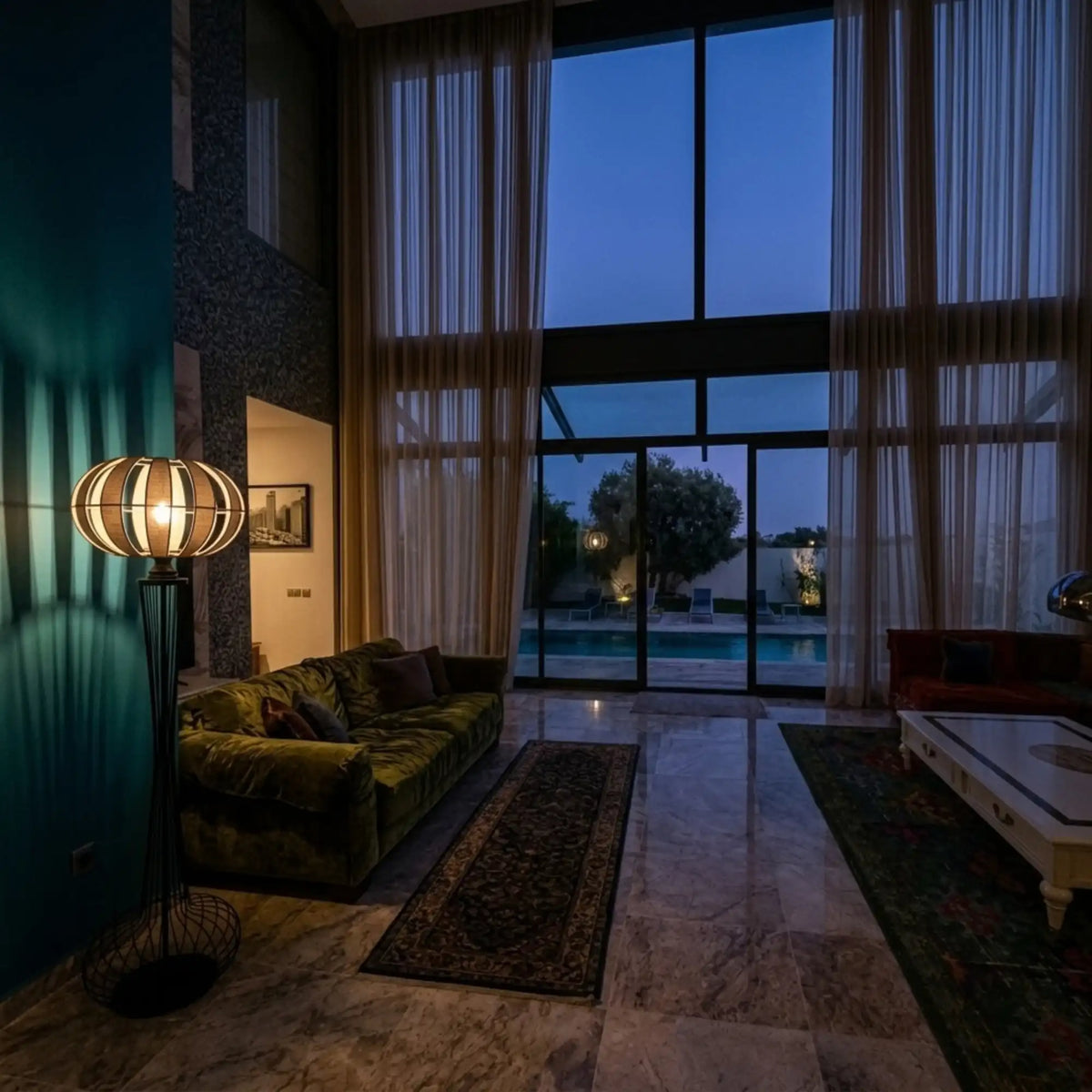 Lampadaire en jute et métal projetant des ombres lumineuses sur un mur bleu canard le soir, près d'un canapé vert