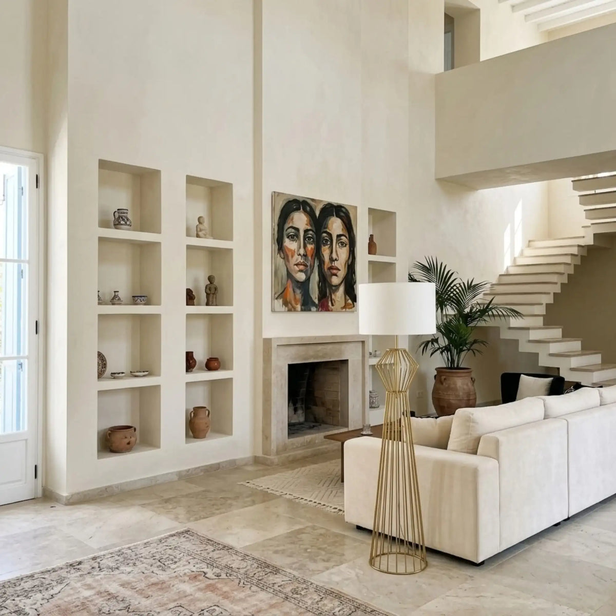 Lampadaire Doré Design Cage – Abat-jour Blanc