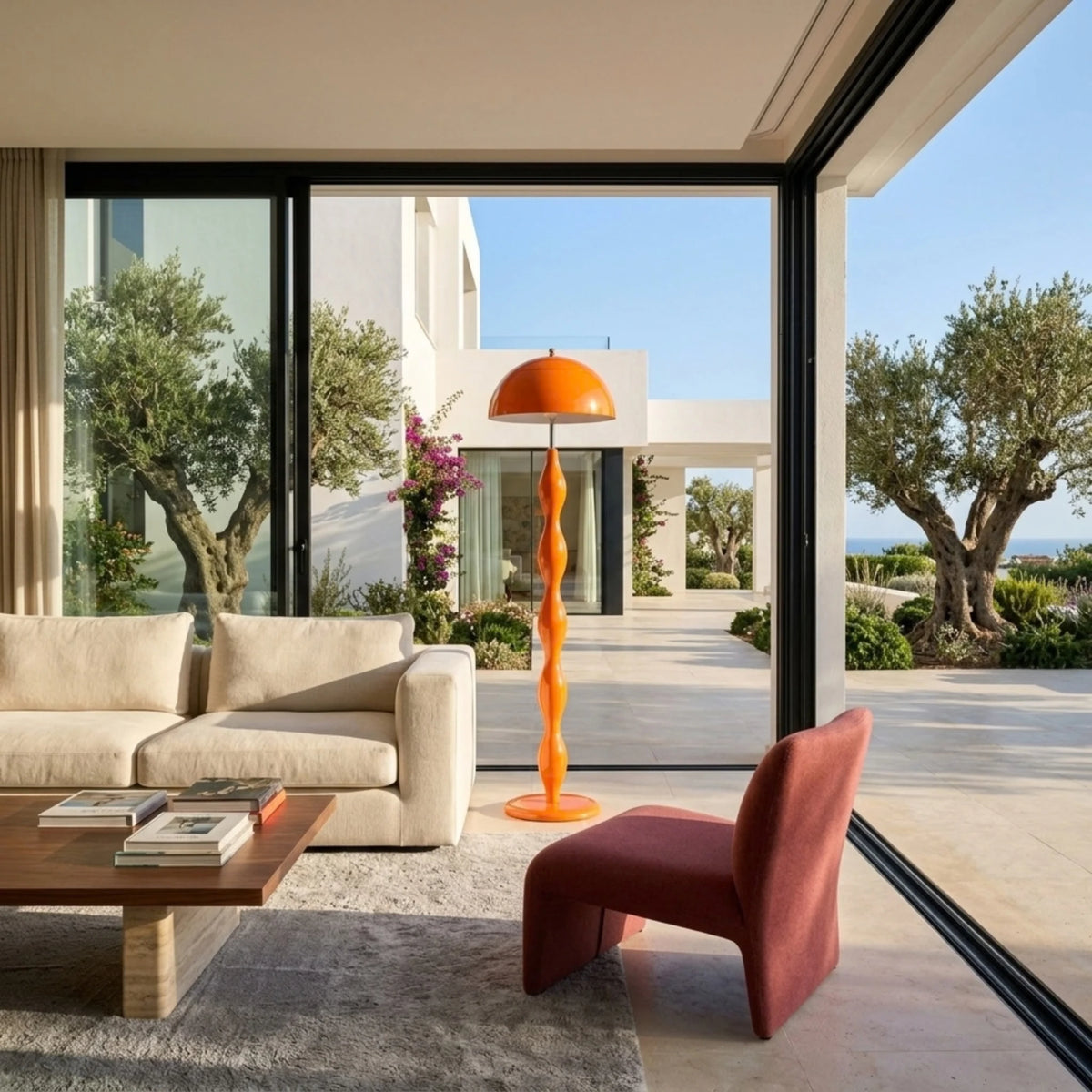 Lampadaire orange ondulé dans un salon ouvert sur un patio aux oliviers, canapé beige et fauteuil bordeaux