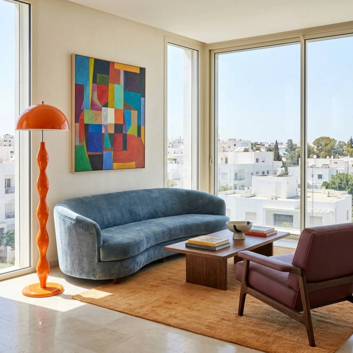 Lampadaire orange ondulé à côté d'un canapé bleu en velours et d'un tableau coloré, vue sur une ville blanche