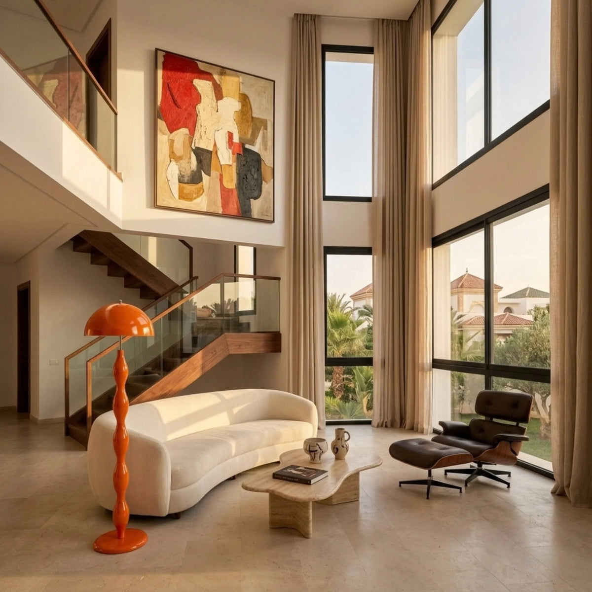 Lampadaire orange ondulé dans un salon duplex double hauteur, canapé courbe blanc et fauteuil lounge