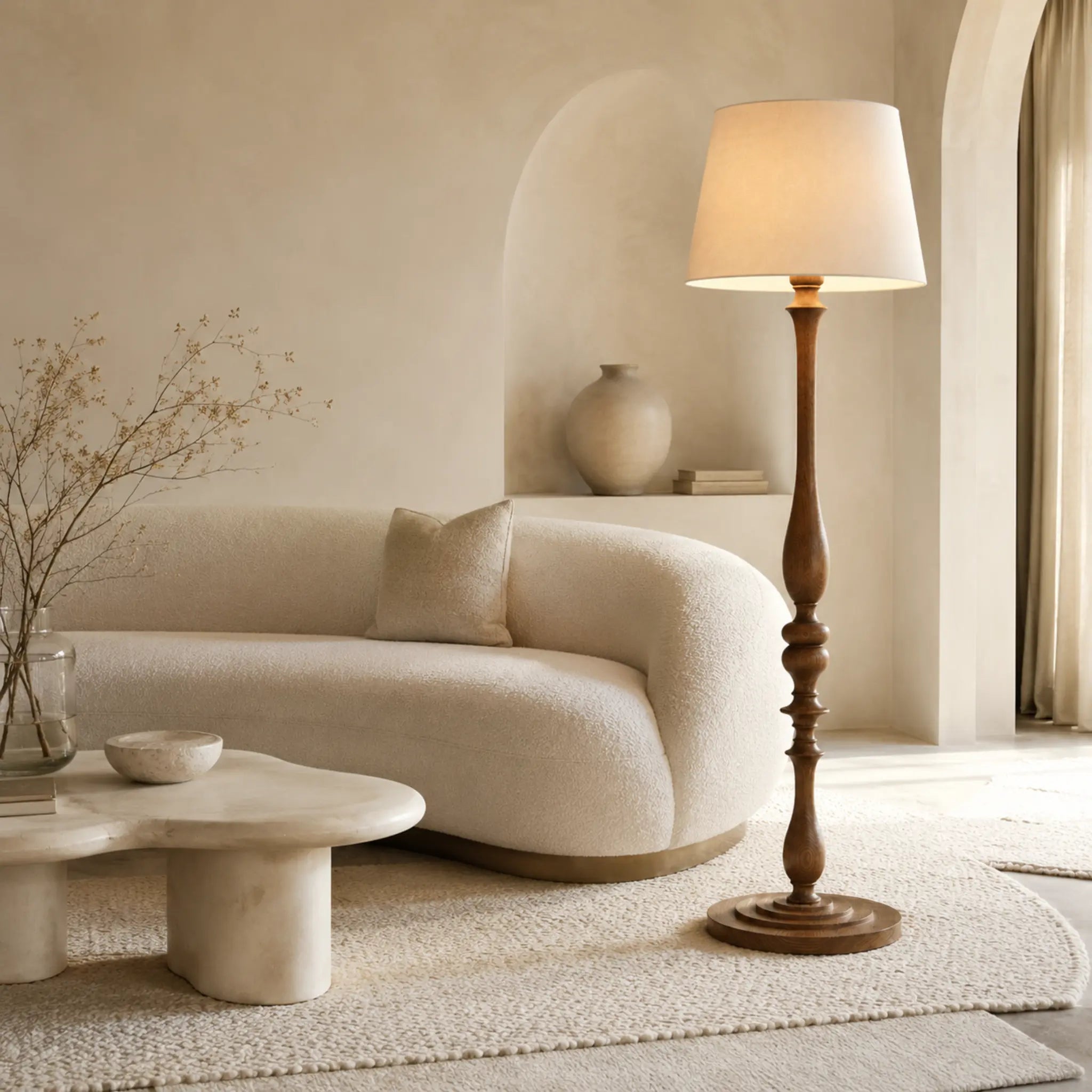 Lampadaire à pied en bois sculpté dans un intérieur bohème moderne avec canapé arrondi beige, éclairage Tunisie