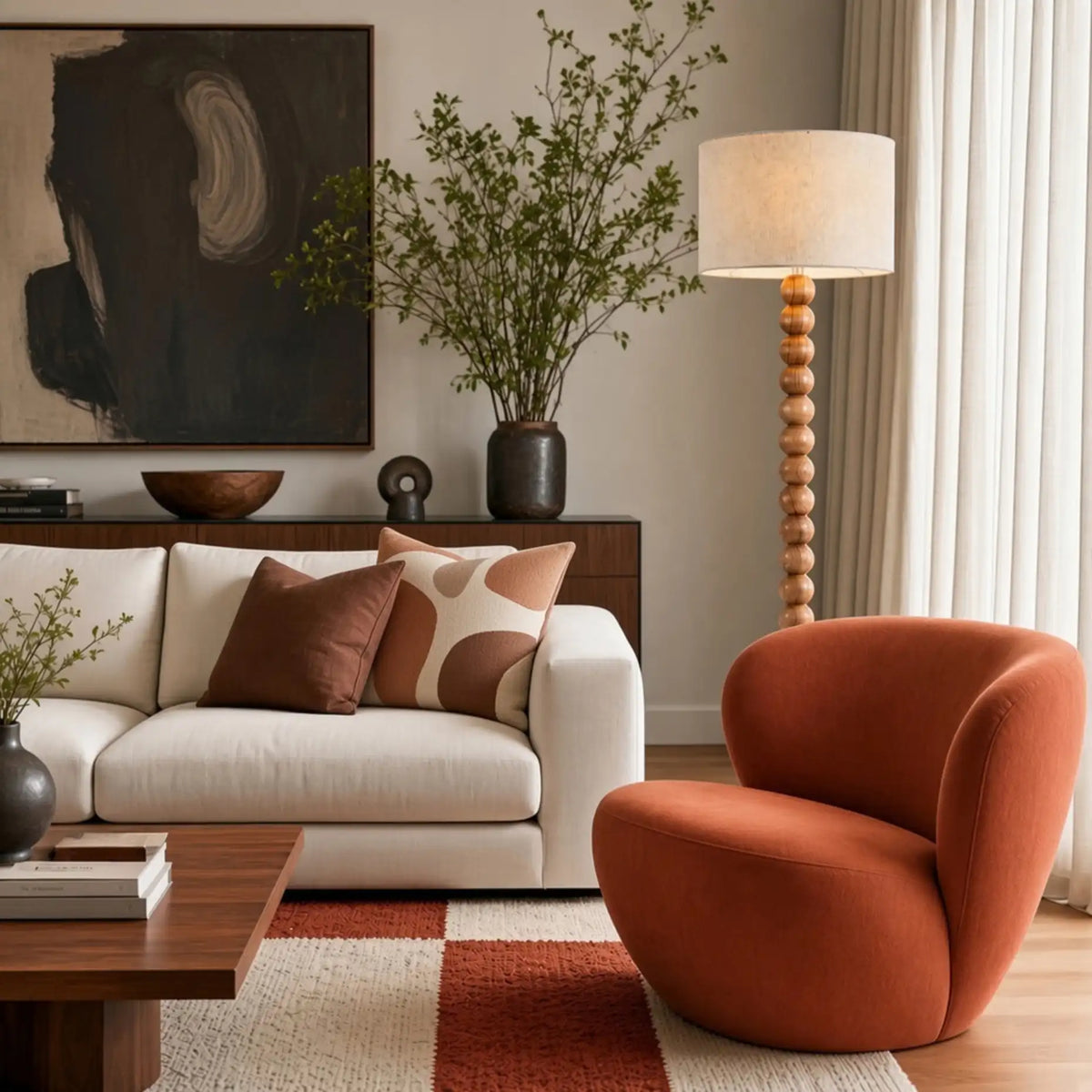 Lampadaire pied boule derrière un canapé blanc aux coussins rouille et un fauteuil arrondi terracotta, tapis rouge et crème