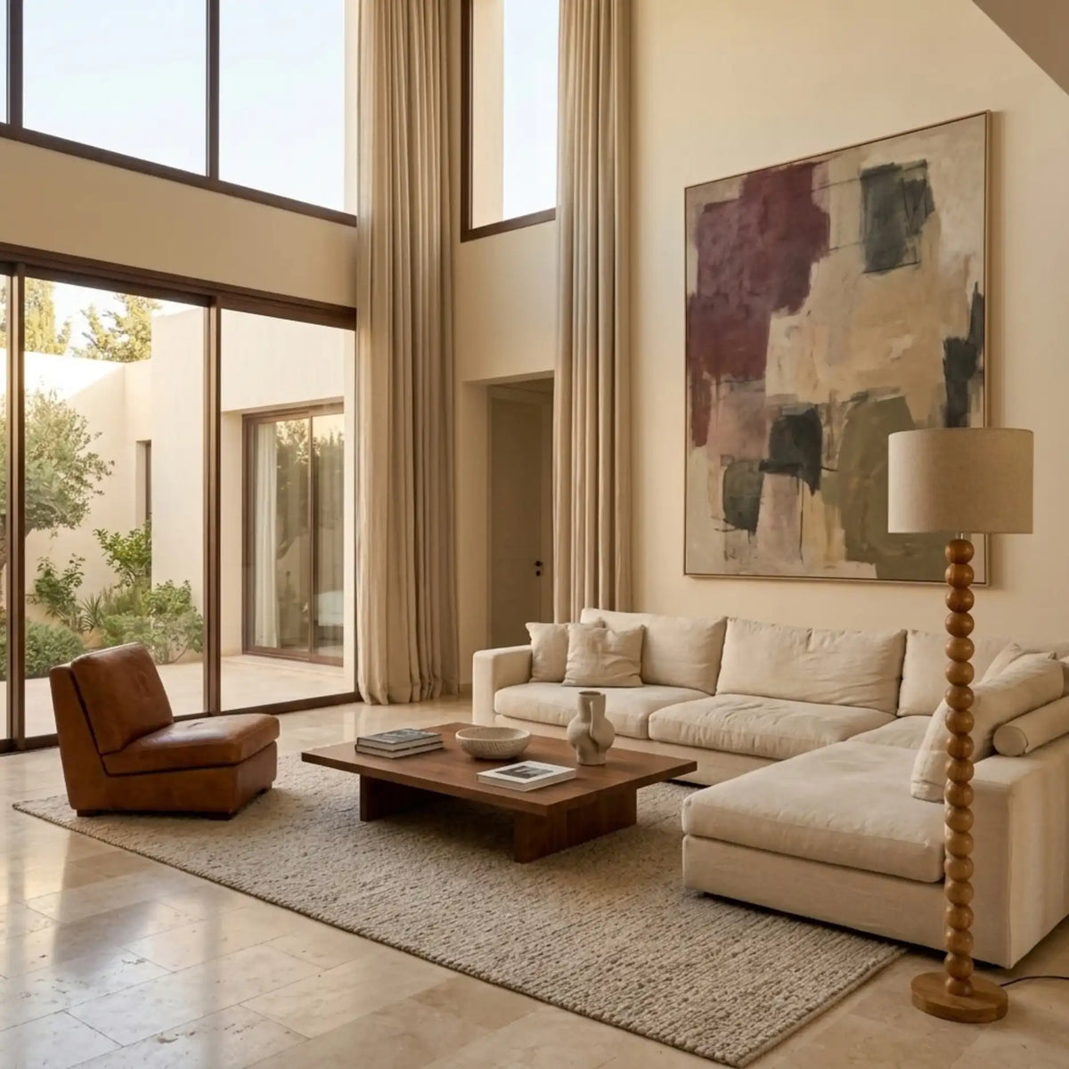 Lampadaire pied boule dans un grand salon sous double hauteur, canapé d'angle crème, fauteuil en cuir et grand tableau abstrait