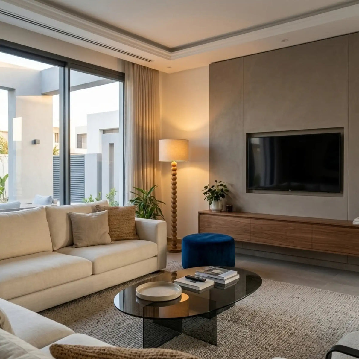 Lampadaire pied boule allumé près d'un meuble télé en bois, dans un salon moderne avec canapé crème et table basse en verre