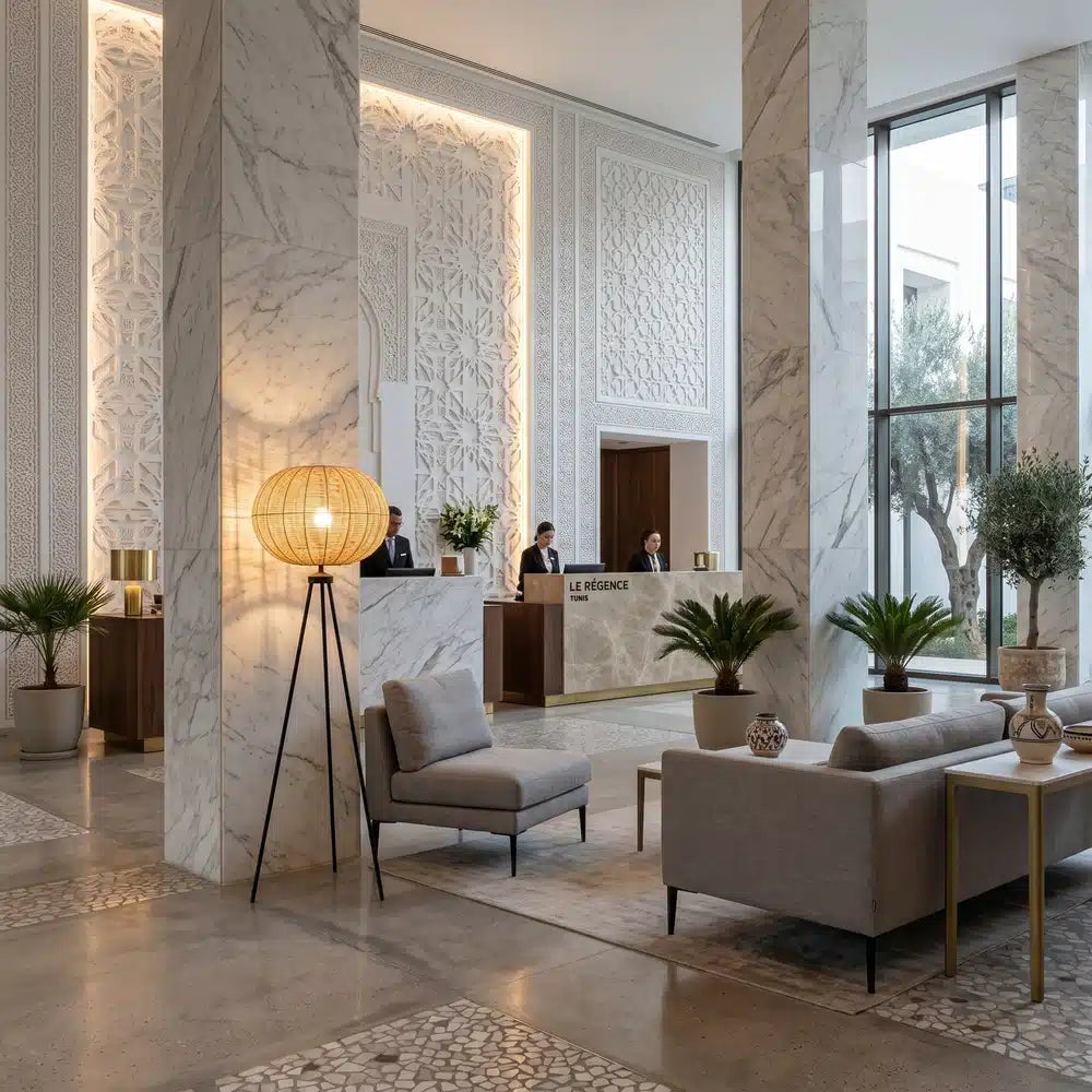 Lampadaire trépied en rotin dans un hall d'hôtel en marbre, près de fauteuils gris