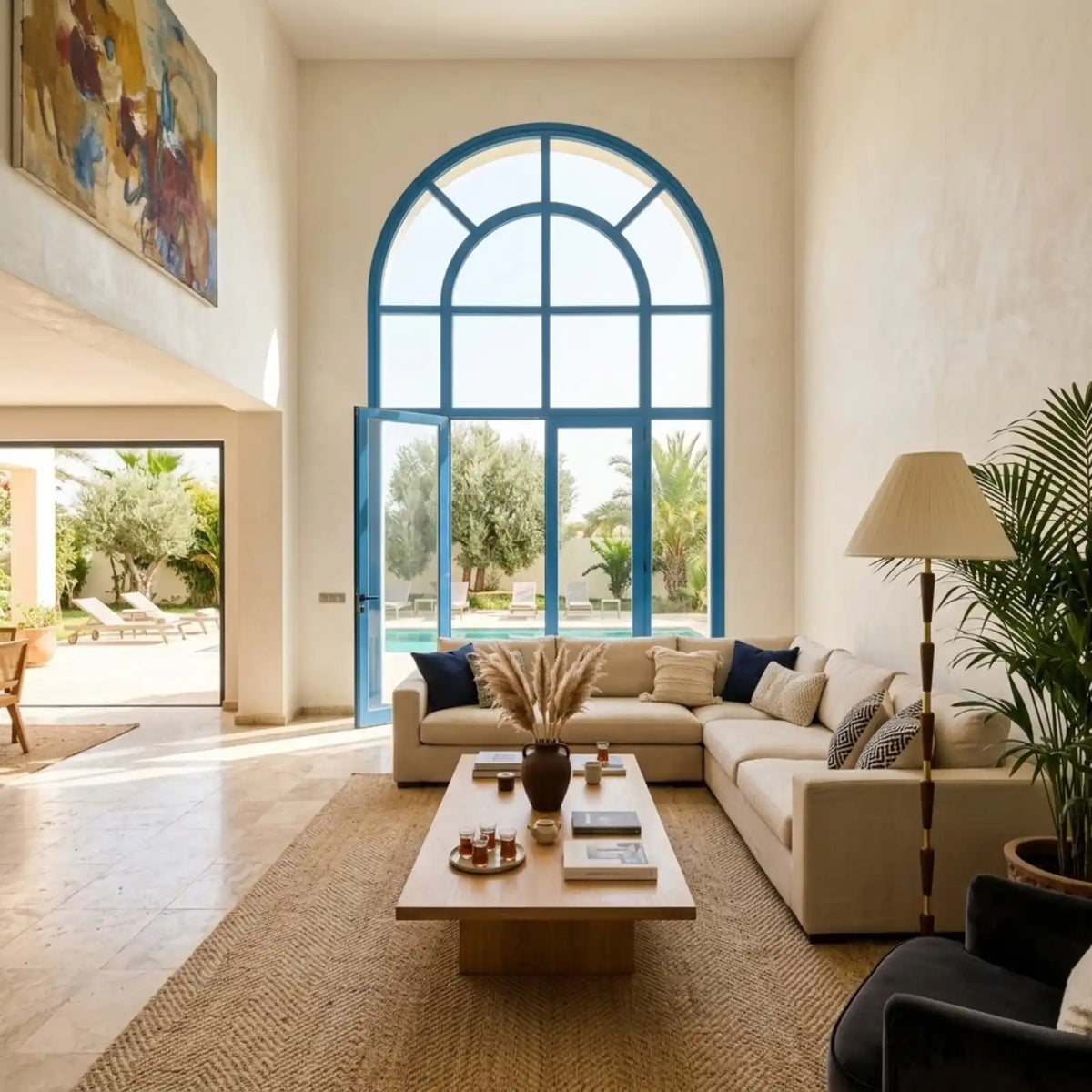 Lampadaire Mid-Century Laiton & Noyer – Abat-jour Plissé Crème