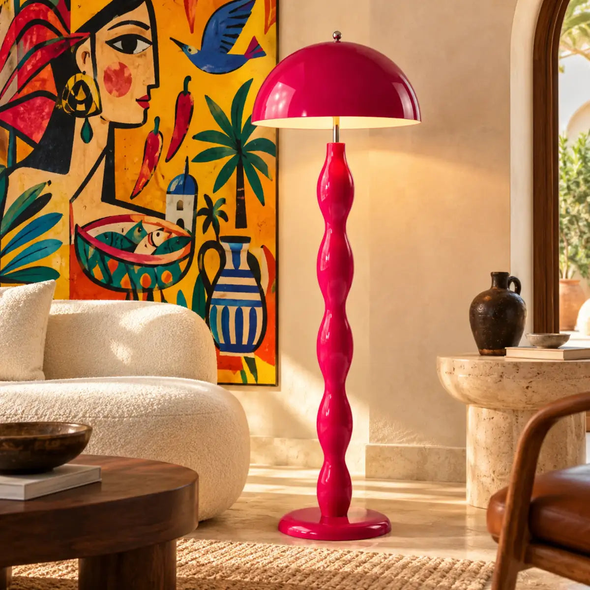 Lampadaire rose allumé à côté d'un canapé bouclé, lumière chaude sous l'abat-jour champignon