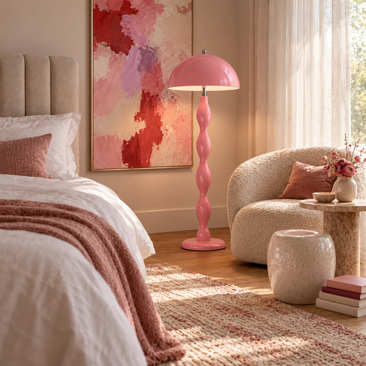 Lampadaire Rose Clair Artisanal – Pied Sculptural Tourné à la Main