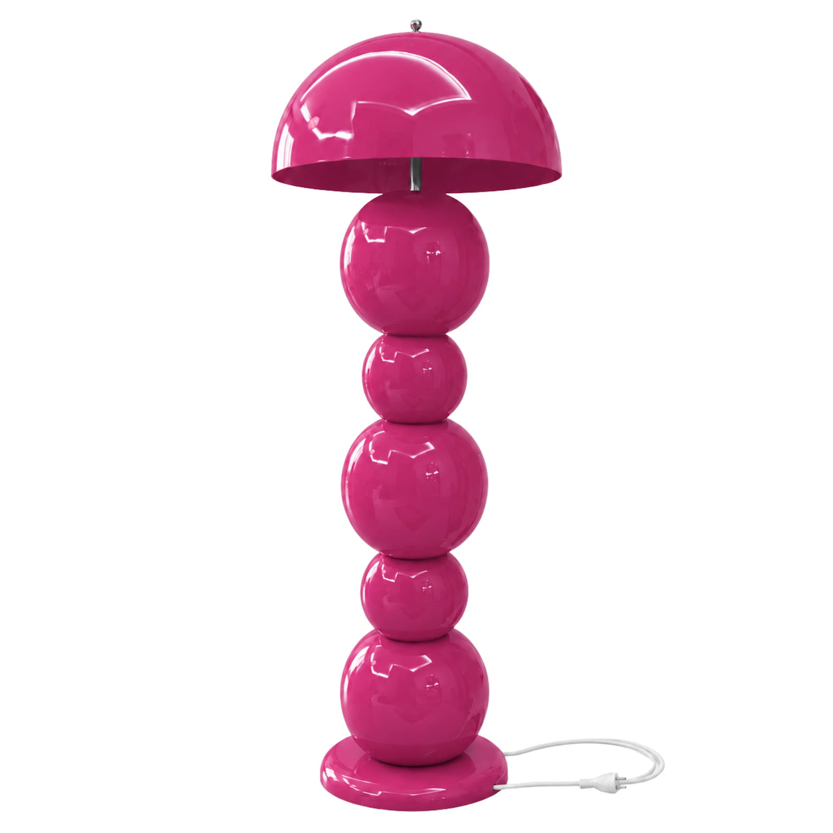 Lampadaire design rose fuchsia à boules empilées, pied en bois et abat-jour dôme en métal, fait en Tunisie, sur fond blanc