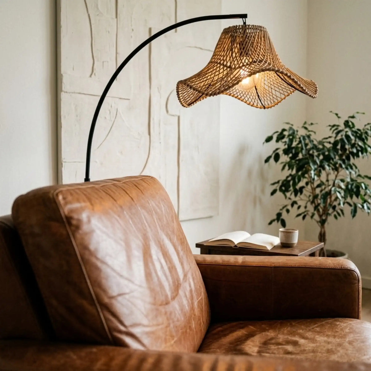 Lampadaire Arc Noir – Abat-jour Rotin Ondulé
