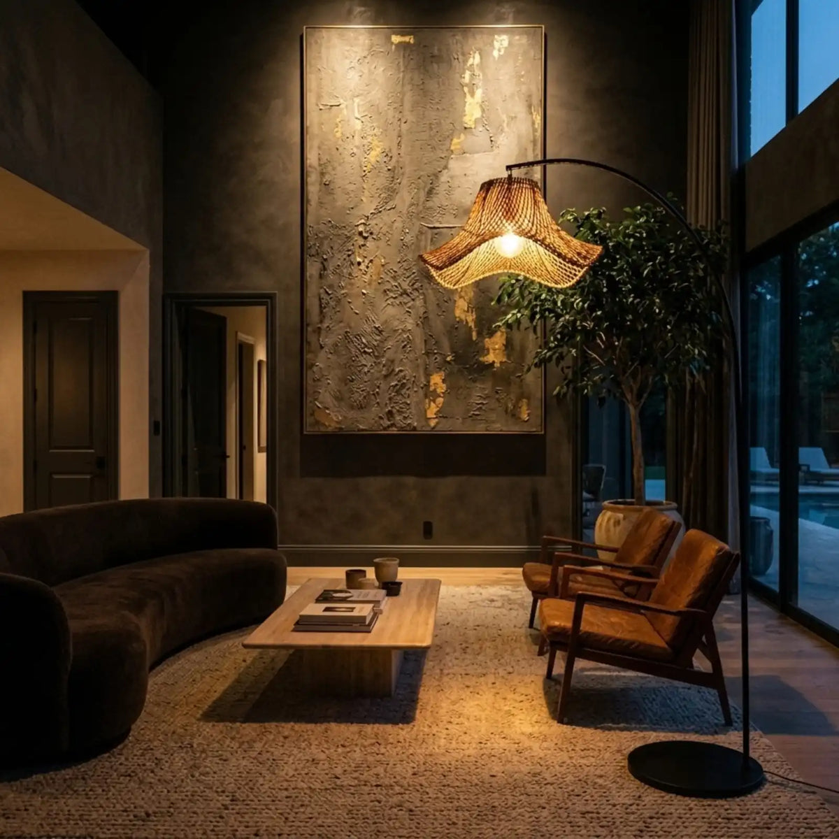 Lampadaire Arc Noir – Abat-jour Rotin Ondulé