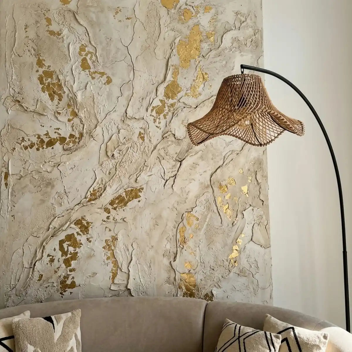 Lampadaire Arc Noir – Abat-jour Rotin Ondulé