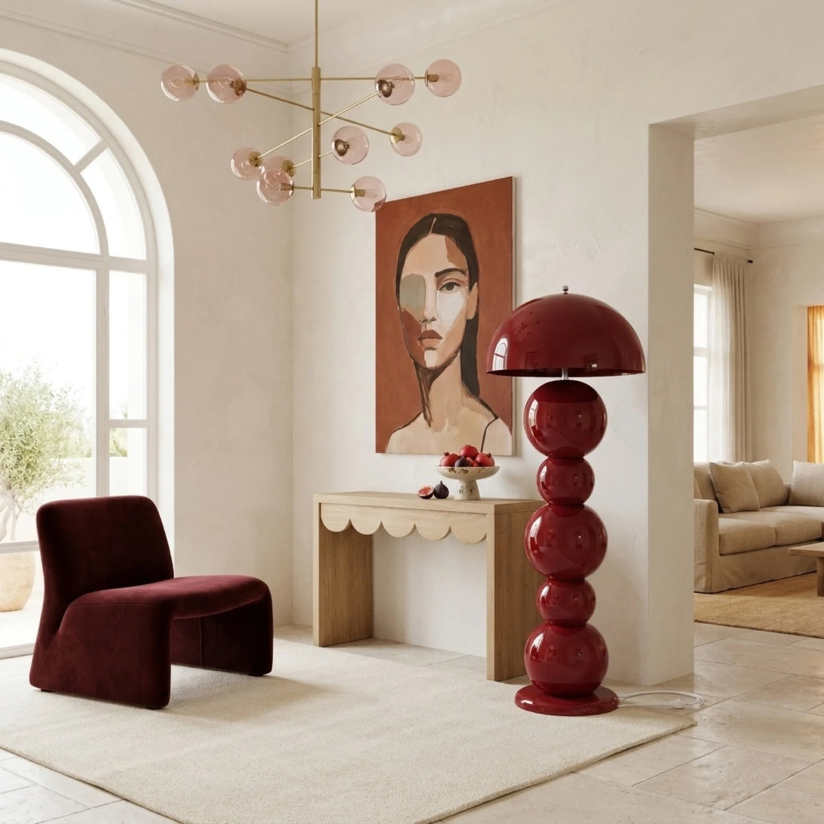 Lampadaire Design Bordeaux à Boules – Pied en Bois