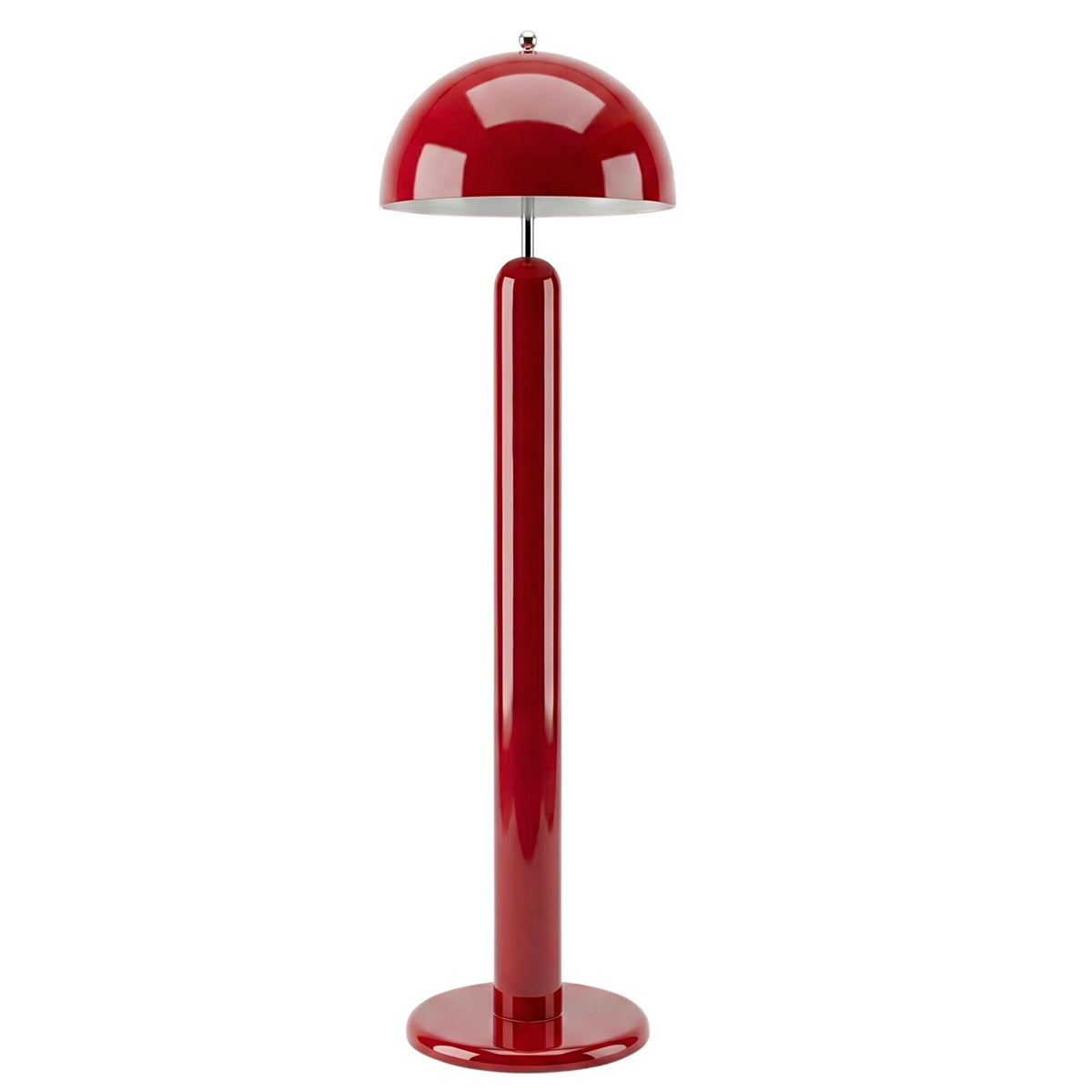 Lampadaire champignon rouge carmin à pied cylindrique en bois et abat-jour dôme en métal, fait main en Tunisie, sur fond blanc