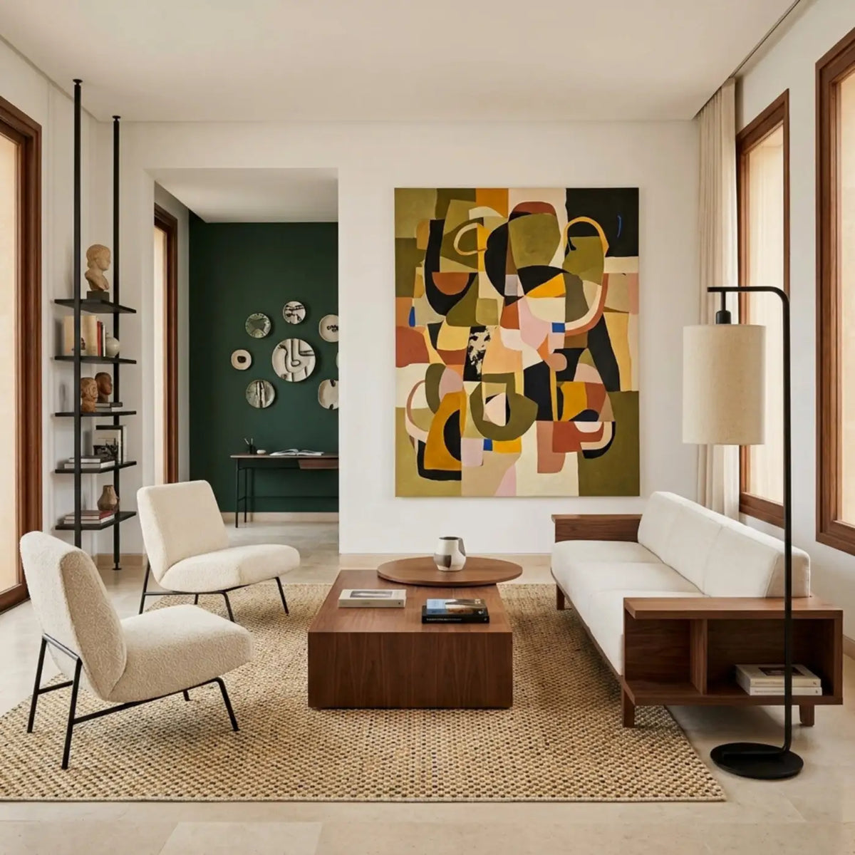 Lampadaire noir derrière un canapé blanc à structure bois, dans un salon lumineux avec tableau abstrait