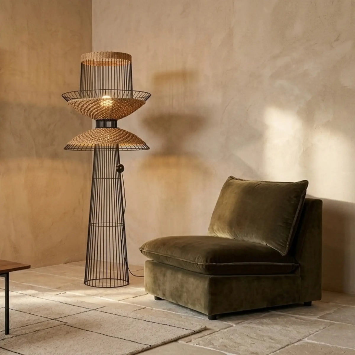 Lampadaire en métal noir et fibre de bananier allumé près d'une chauffeuse en velours vert