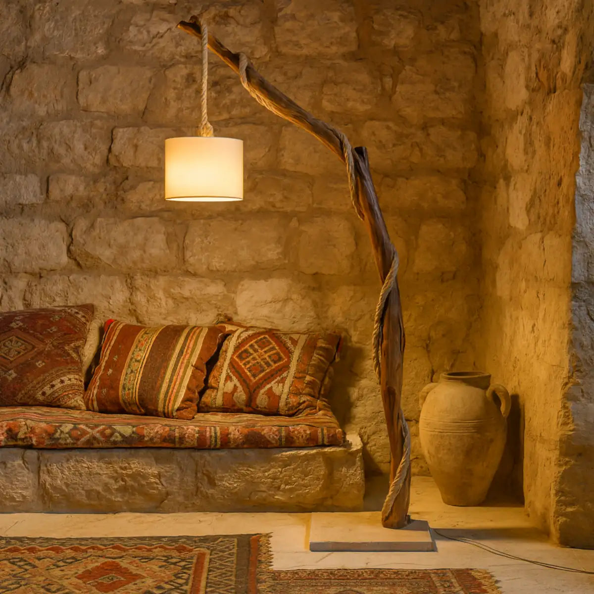 Lampadaire en tronc d'arbre allumé devant un mur en pierre, au-dessus d'une banquette aux coussins tissés à motifs