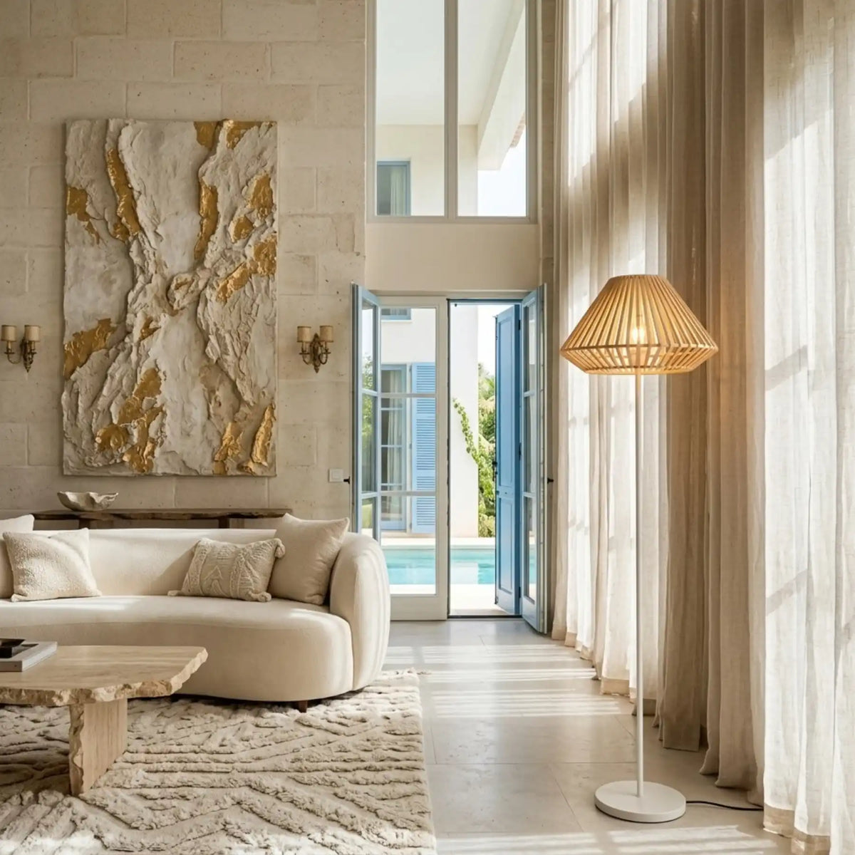 Lampadaire devant de longs voilages clairs, près d'un mur en pierre orné d'un tableau doré et d'un canapé blanc