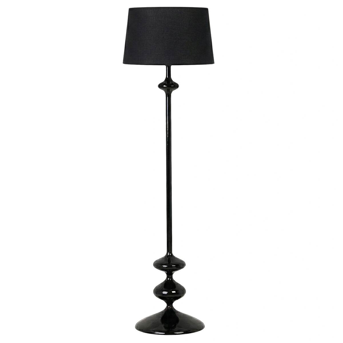 Lampadaire noir Ébène en bois tourné à la main avec abat-jour noir, vue complète sur fond blanc