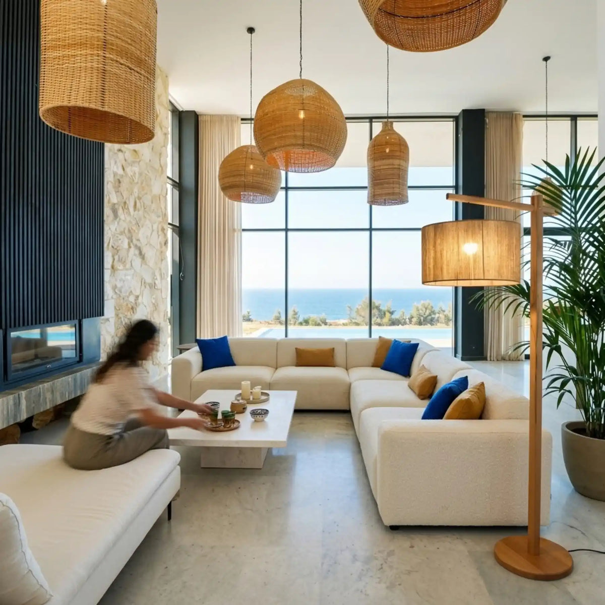 Lampadaire Bois à Bras Déporté – Abat-jour Jute