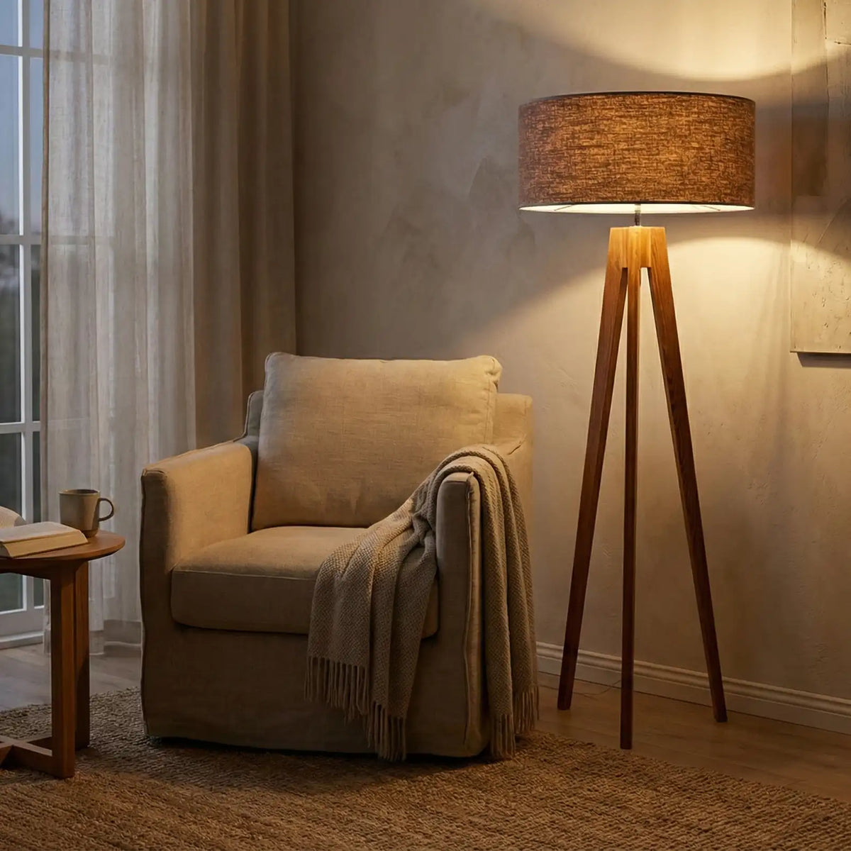 Lampadaire scandinave trépied allumé à côté d'un fauteuil beige avec plaid, dans un coin lecture